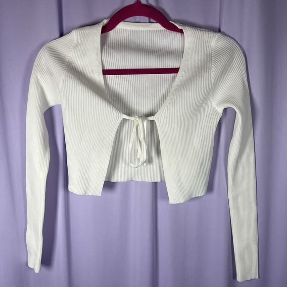 Cream Ribbed Knit Tie Front Cardigan Womens Size XS Off White Chic Minimalist - Picture 4 of 8